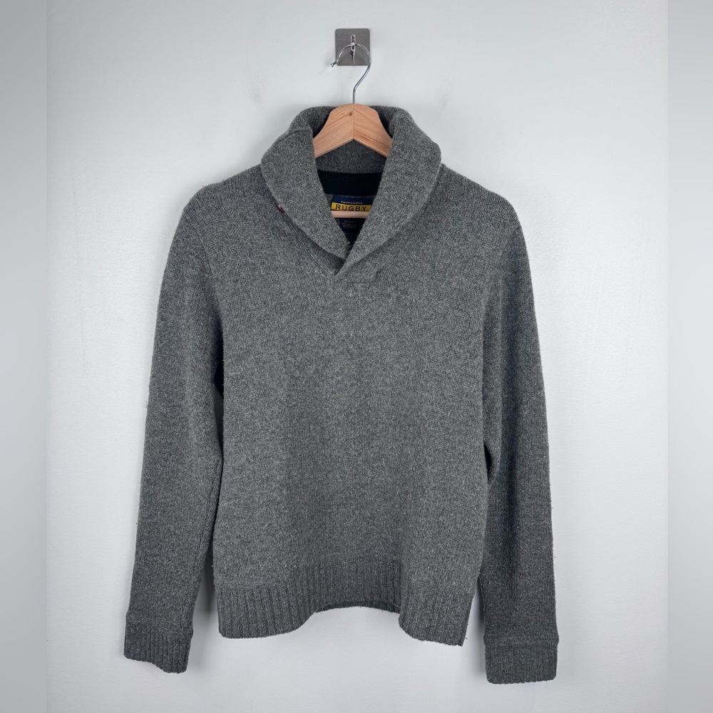 Ralph Lauren Rugby Men Grey Shawl Collar Elbow Patch Sweater Size Small